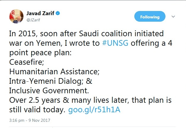 FM Zarif highlights Iran's peace plan to solve Yemeni crisis