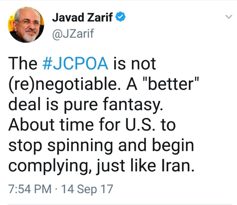 Zarif: Iran nuclear deal not renegotiable