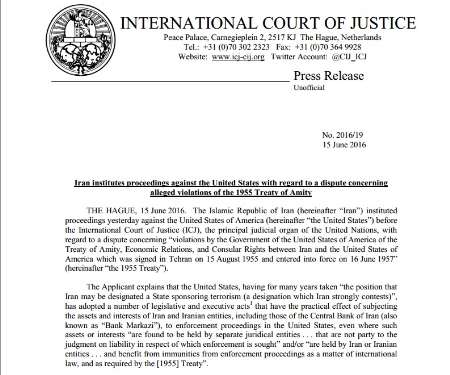 Iran files lawsuit against US at ICJ
