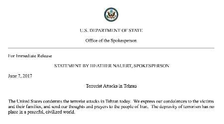 US State Department denounces terrorist attacks in Tehran